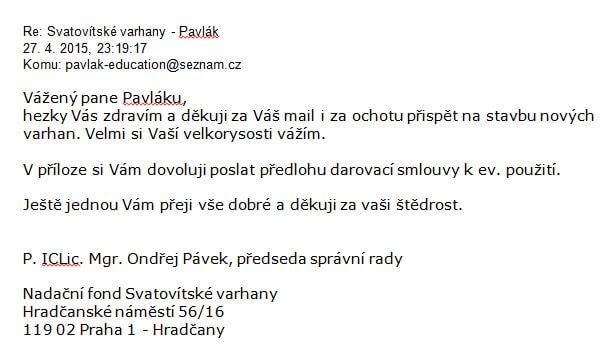 E-mailová korespondence s Metropolitní kapitulou u sv. Víta v Praze o zřízení církevní donace katedrály sv. Víta na Pražském hradě