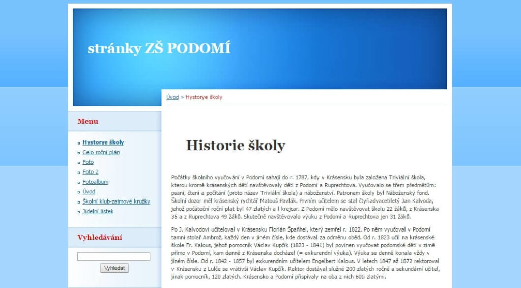 Internetové stránky školy v Podomí. 2016